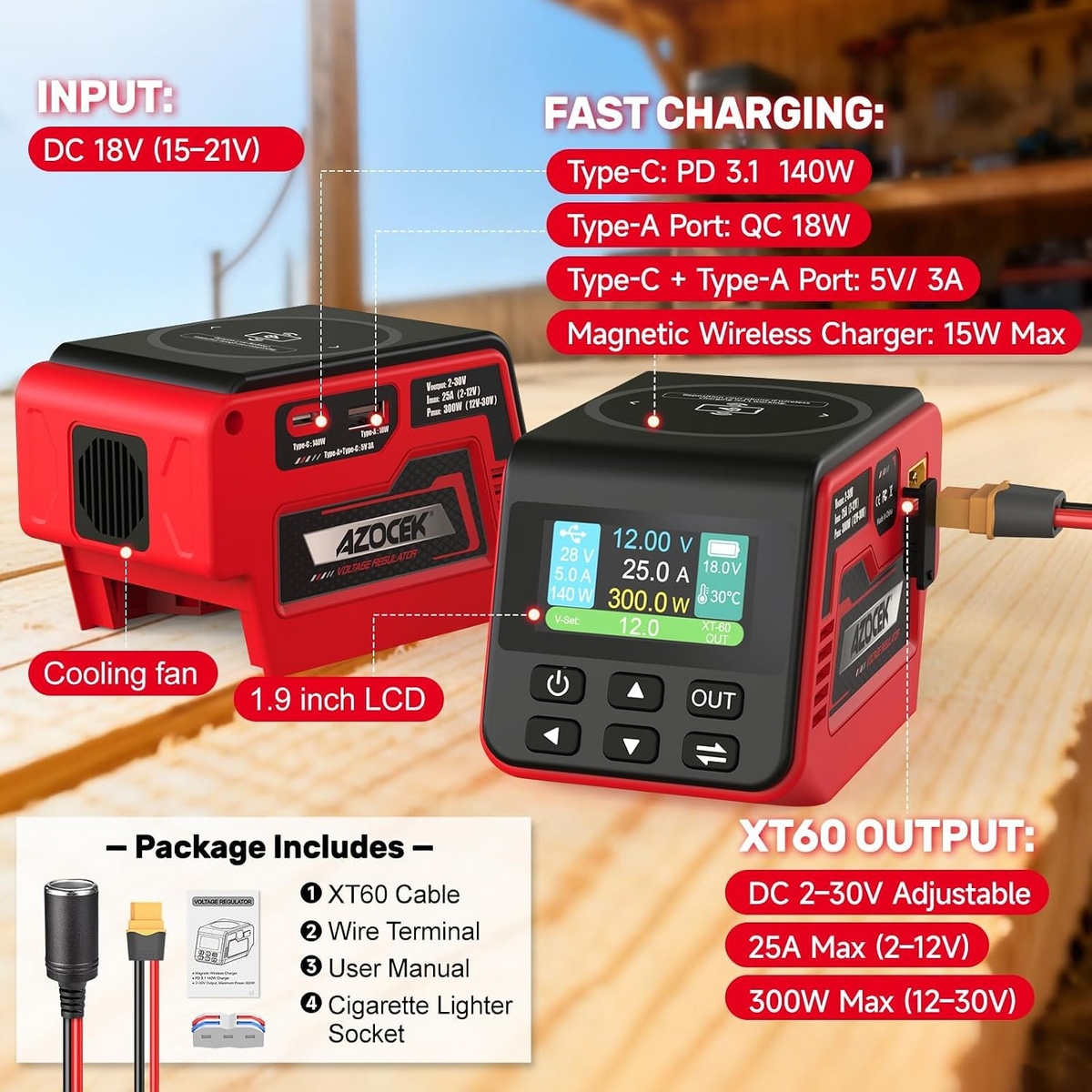 300W Voltage Regulator – 18V Battery Compatible Power Converter with Adjustable Voltage Output